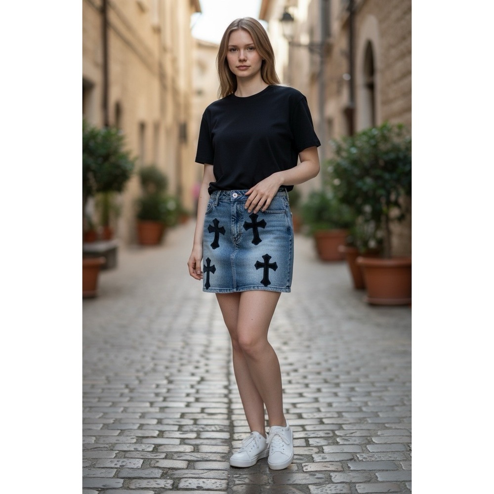 Women's REHAB LAB Black Cross Denim Mini Skirt Large‎ Blue Gothic Concert Club
